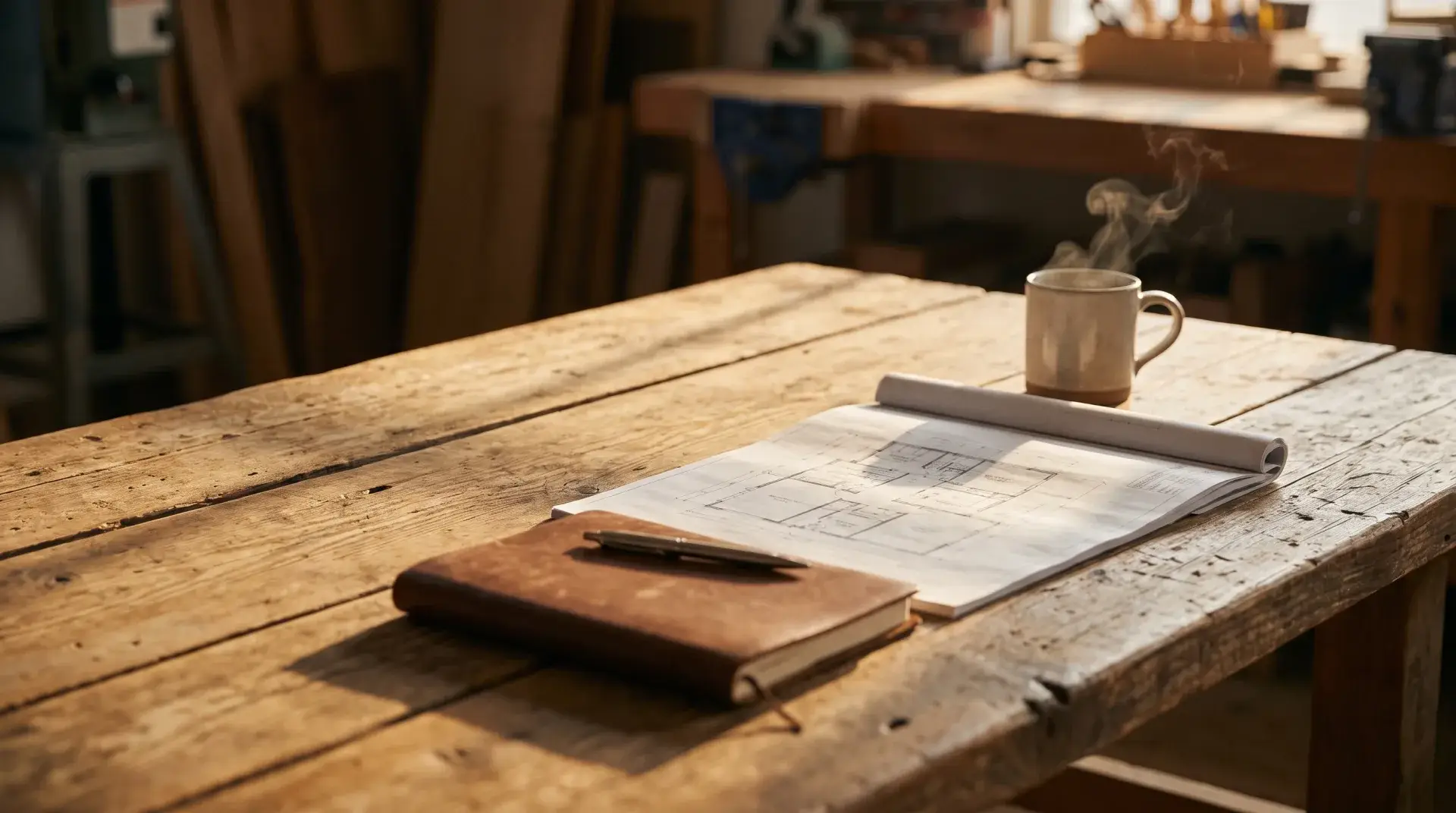 Architectural blueprint, leather notebook and coffee on a sunlit workshop table — Evolve, LLC