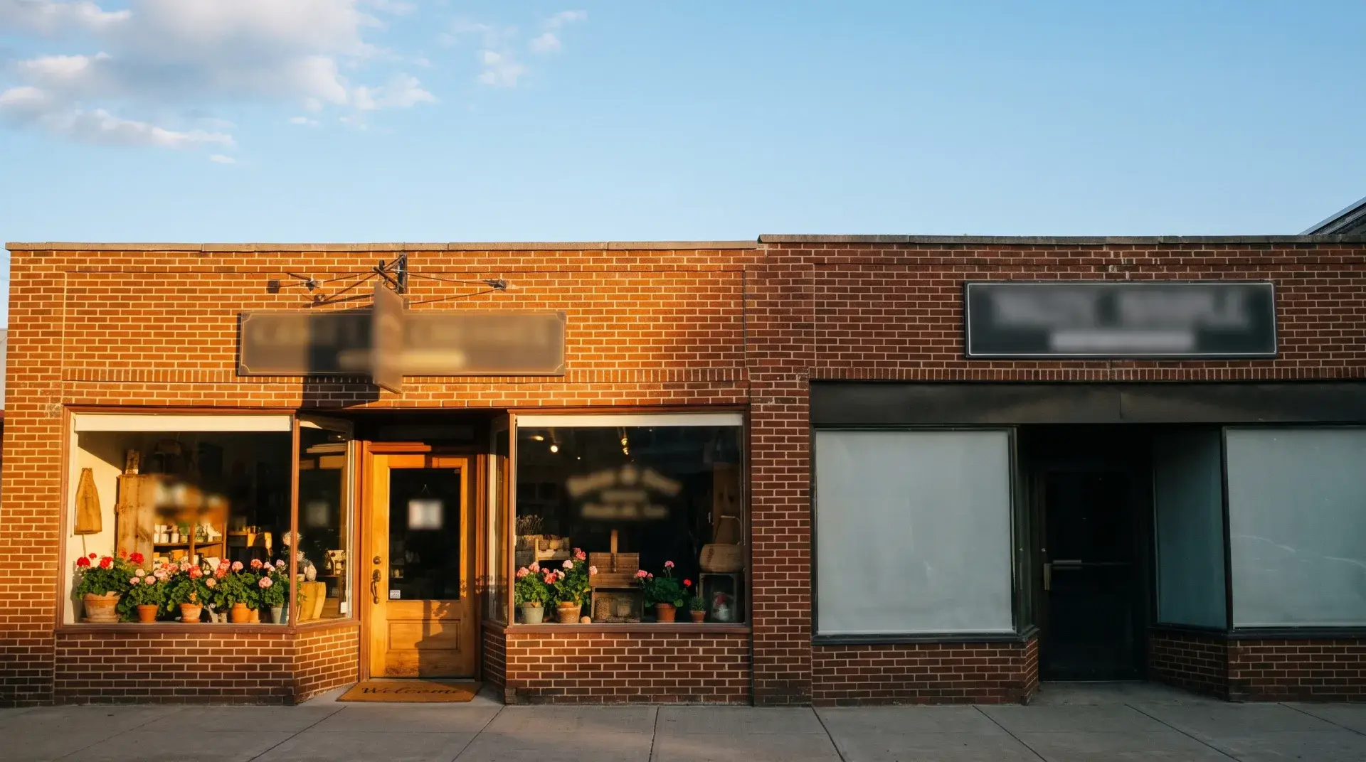 Two neighboring storefronts, one warmly inviting and one plain — Evolve, LLC