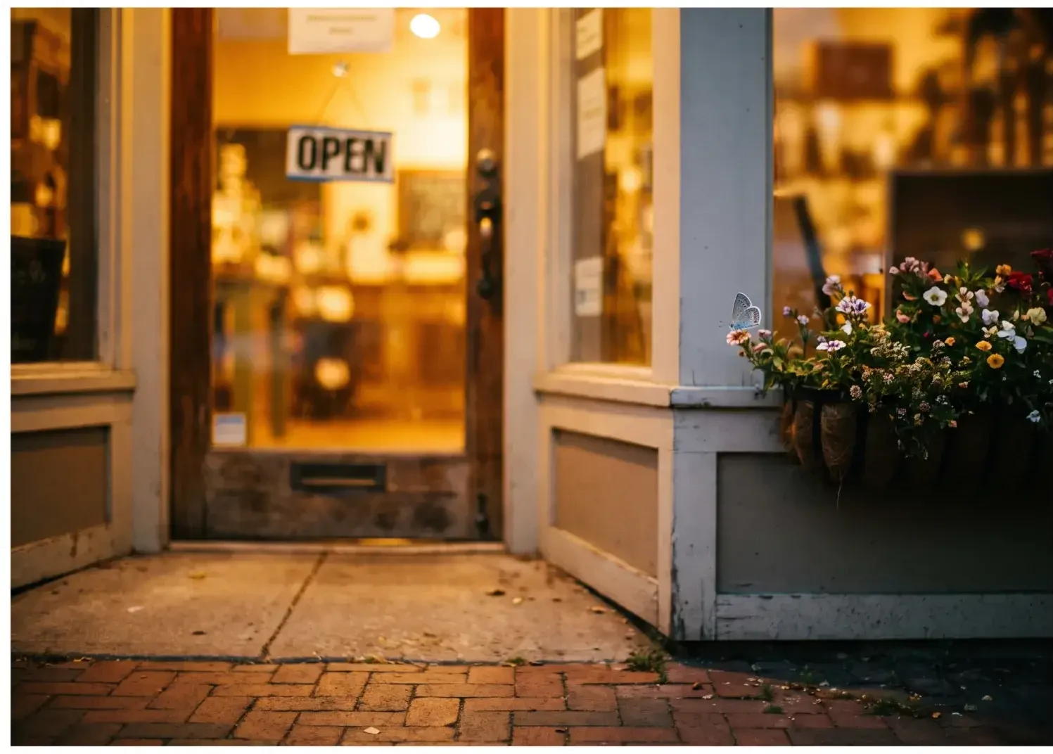 Welcoming storefront entrance with an OPEN sign and a small blue butterfly on window-box flowers — Evolve, LLC