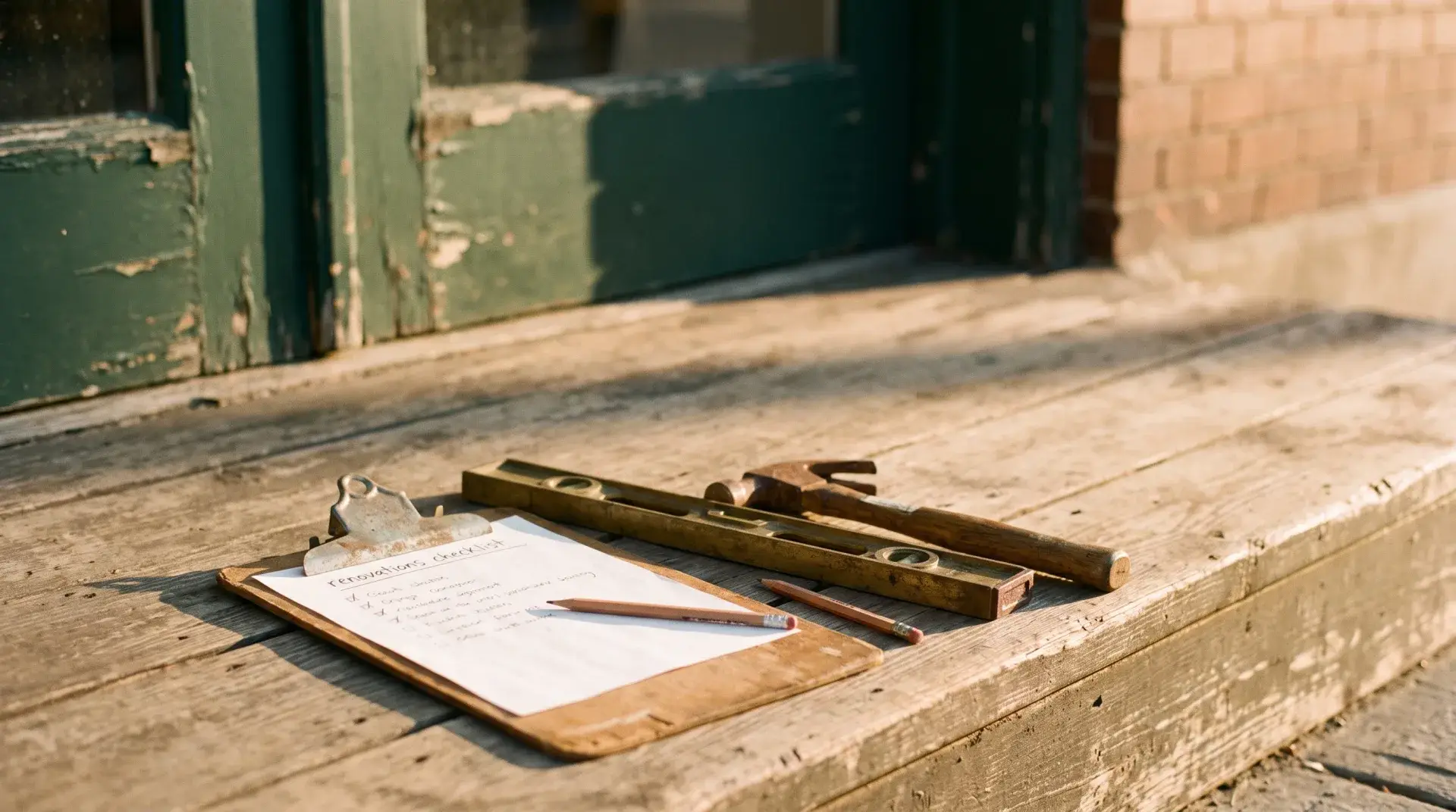 Clipboard checklist, level and hand tools on a weathered storefront step — Evolve, LLC