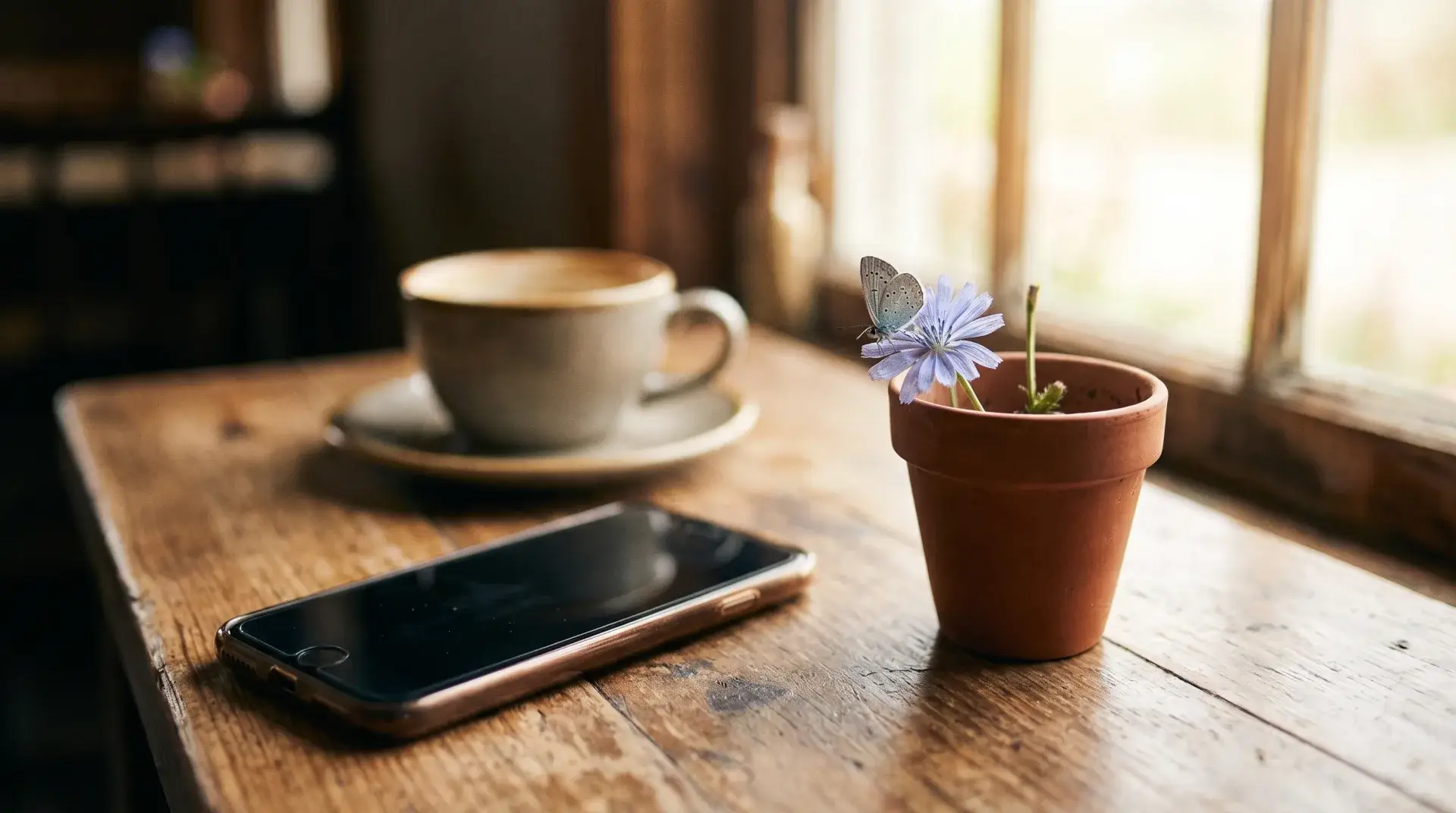 Smartphone on a cafe table in morning light with a small blue butterfly on a potted flower — Evolve, LLC