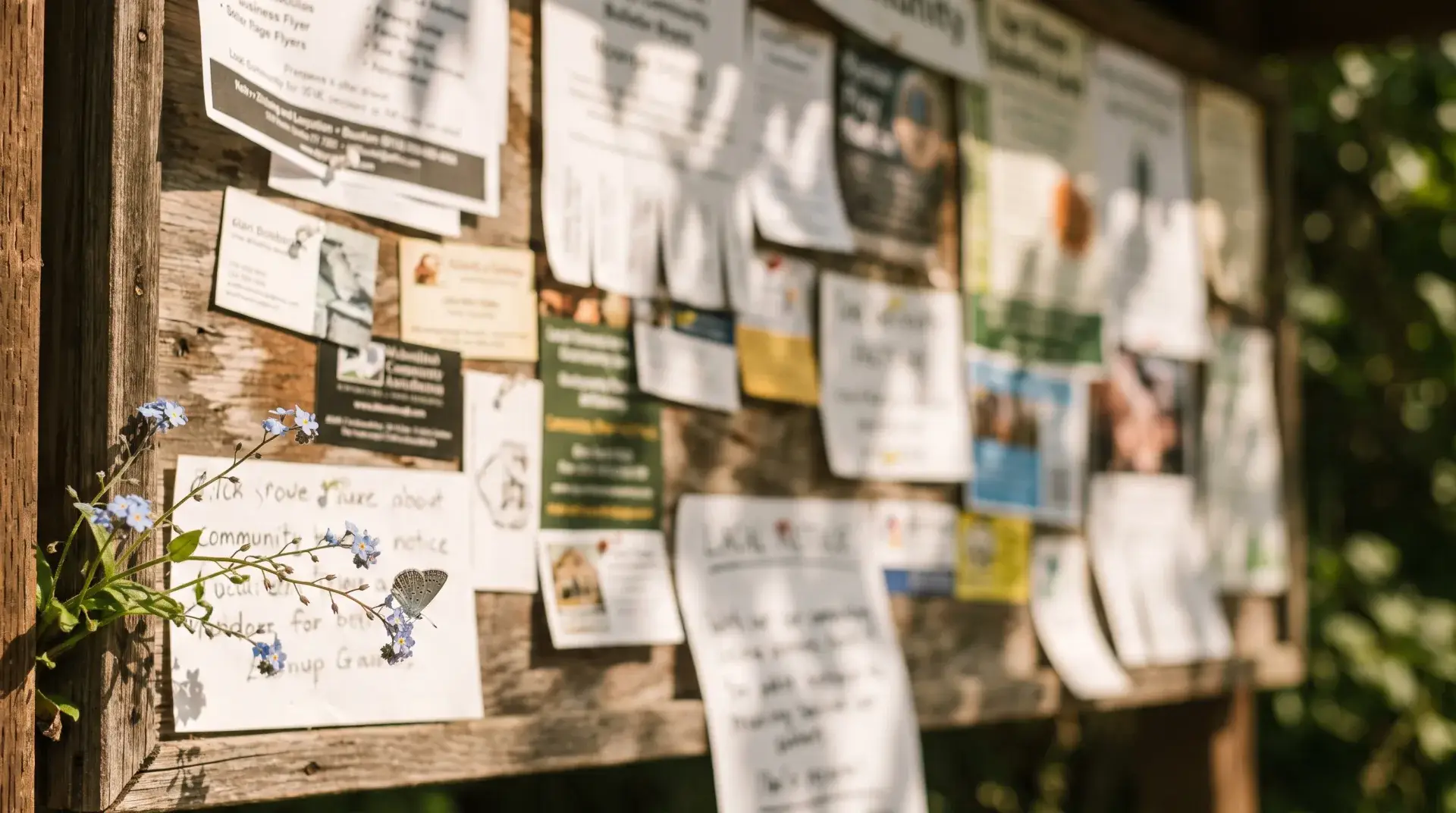 Community bulletin board layered with local flyers and cards, a small blue butterfly on a sprig of flowers — Evolve, LLC