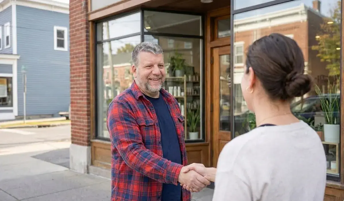 Jim Gilbert, wearing a red plaid shirt, smiling and shaking hands with a woman in front of a local brick storefront.