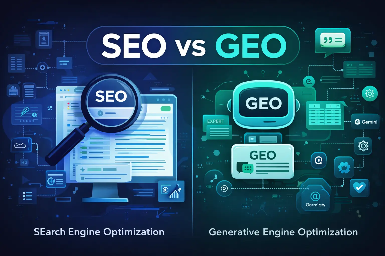 An infographic comparing "SEO vs GEO." The left side shows Search Engine Optimization with a magnifying glass over a traditional search results page. The right side shows Generative Engine Optimization with a glowing robot head and icons for AI-driven platforms like Gemini