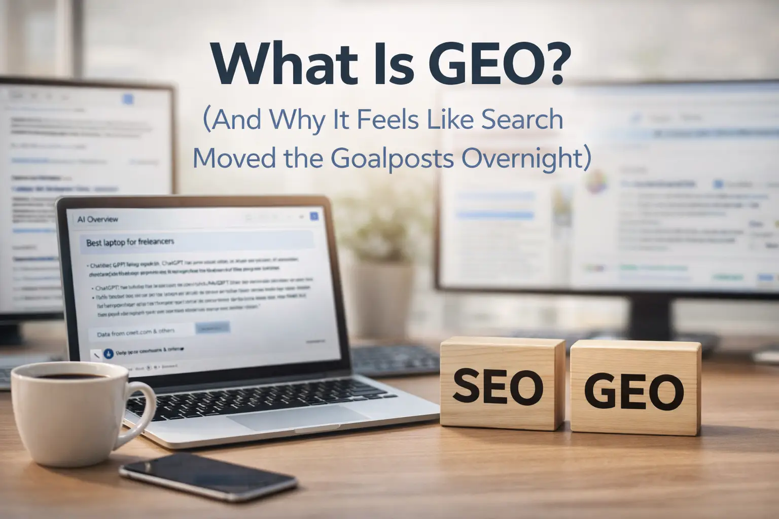 A workspace featuring a laptop showing a Google AI Overview, a coffee cup, and wooden blocks labeled "SEO" and "GEO." Large text reads: "What Is GEO?