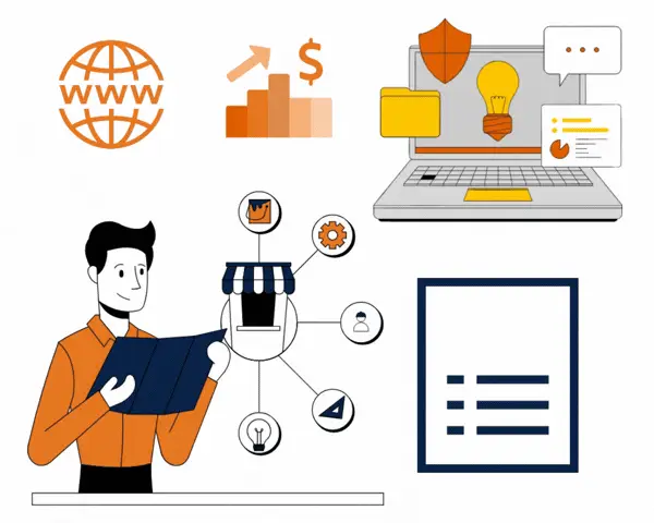 An illustration of a man reviewing a digital marketing plan. Icons around him represent web browsing, financial growth, laptop analytics, local business management, and a checklist.