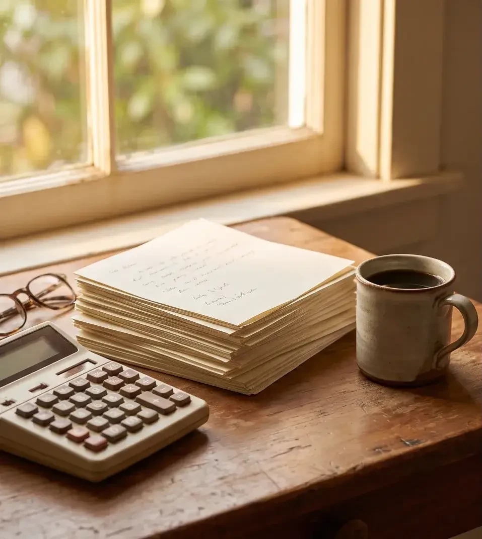 Tidy paperwork, a calculator and coffee on a sunlit desk by a window — Evolve, LLC