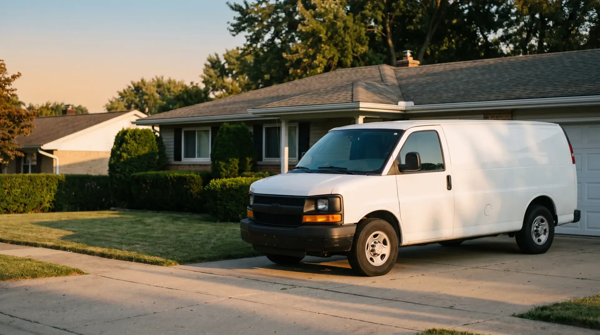 Clean white service van in a tidy suburban driveway beside a home — Evolve, LLC