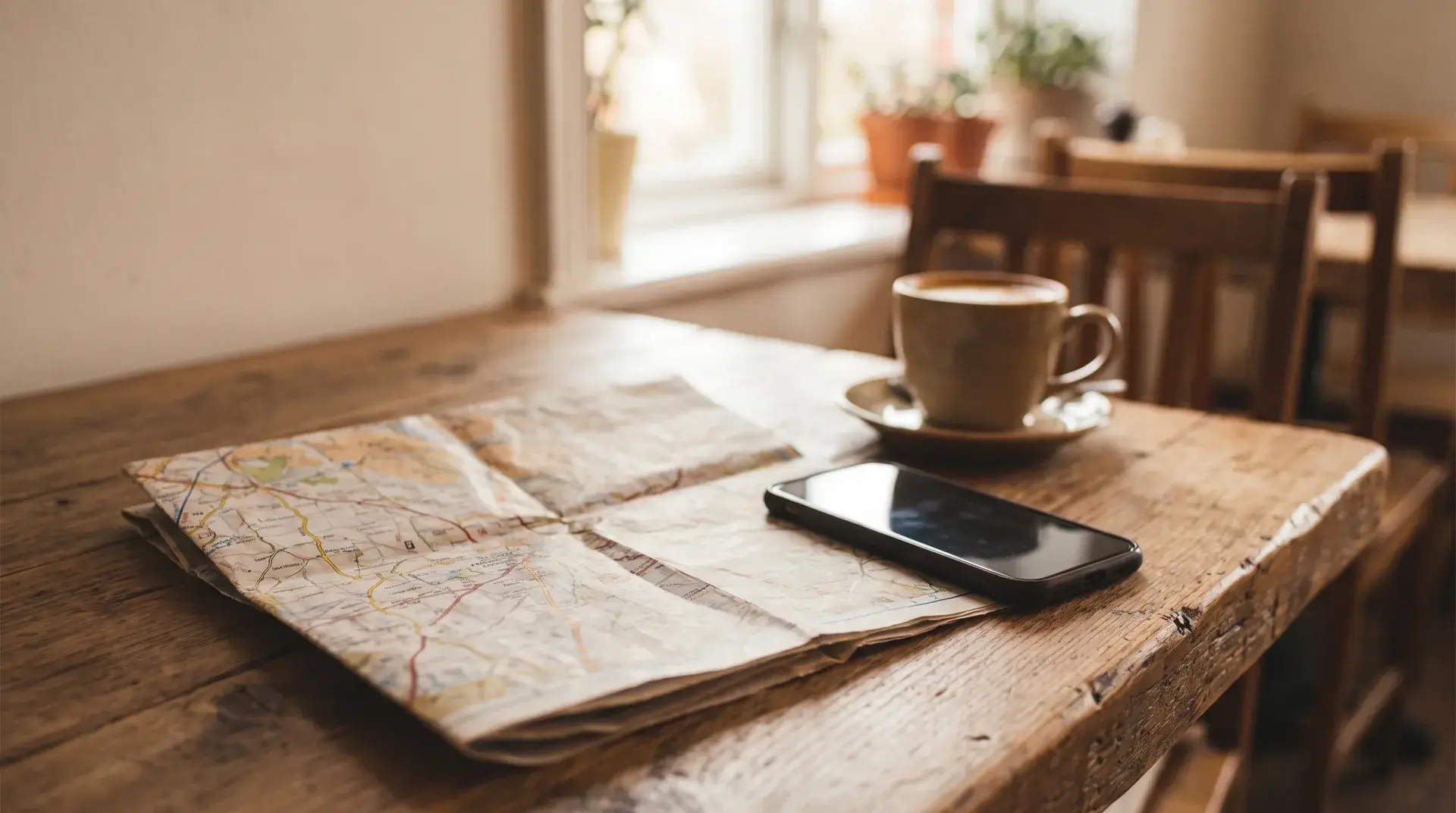 Folded paper local map and a phone on a rustic cafe table — Evolve, LLC