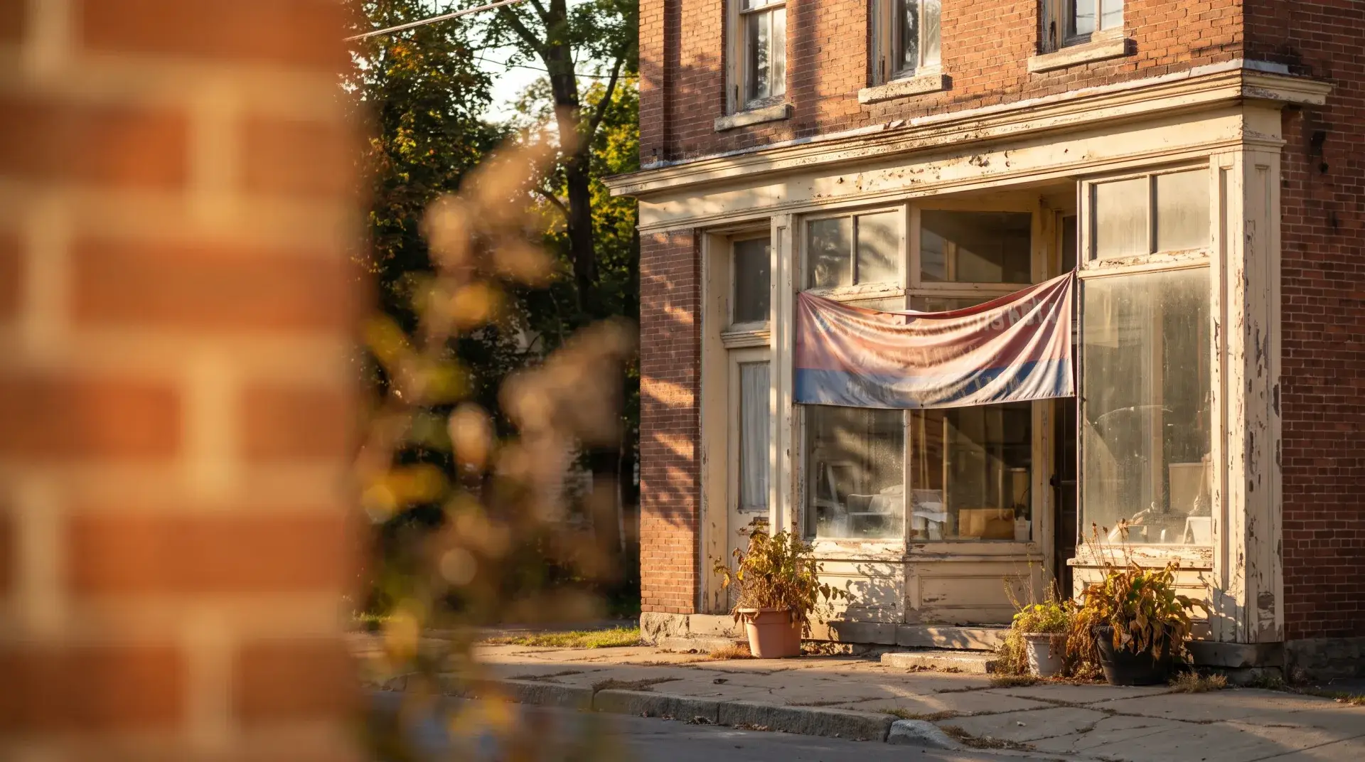 Tired neglected storefront with a faded cheap banner and peeling paint — Evolve, LLC