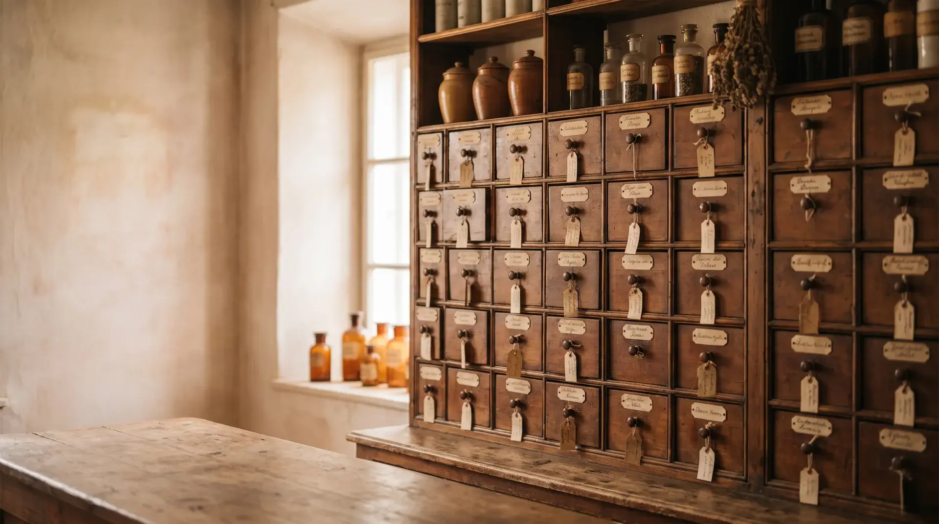 Neatly labeled, beautifully organized apothecary drawers behind a shop counter — Evolve, LLC