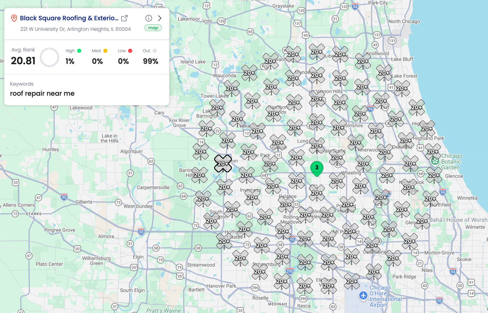 Local Dominator heatmap for Black Square Roofing - roof repair near me - 99% out of map pack