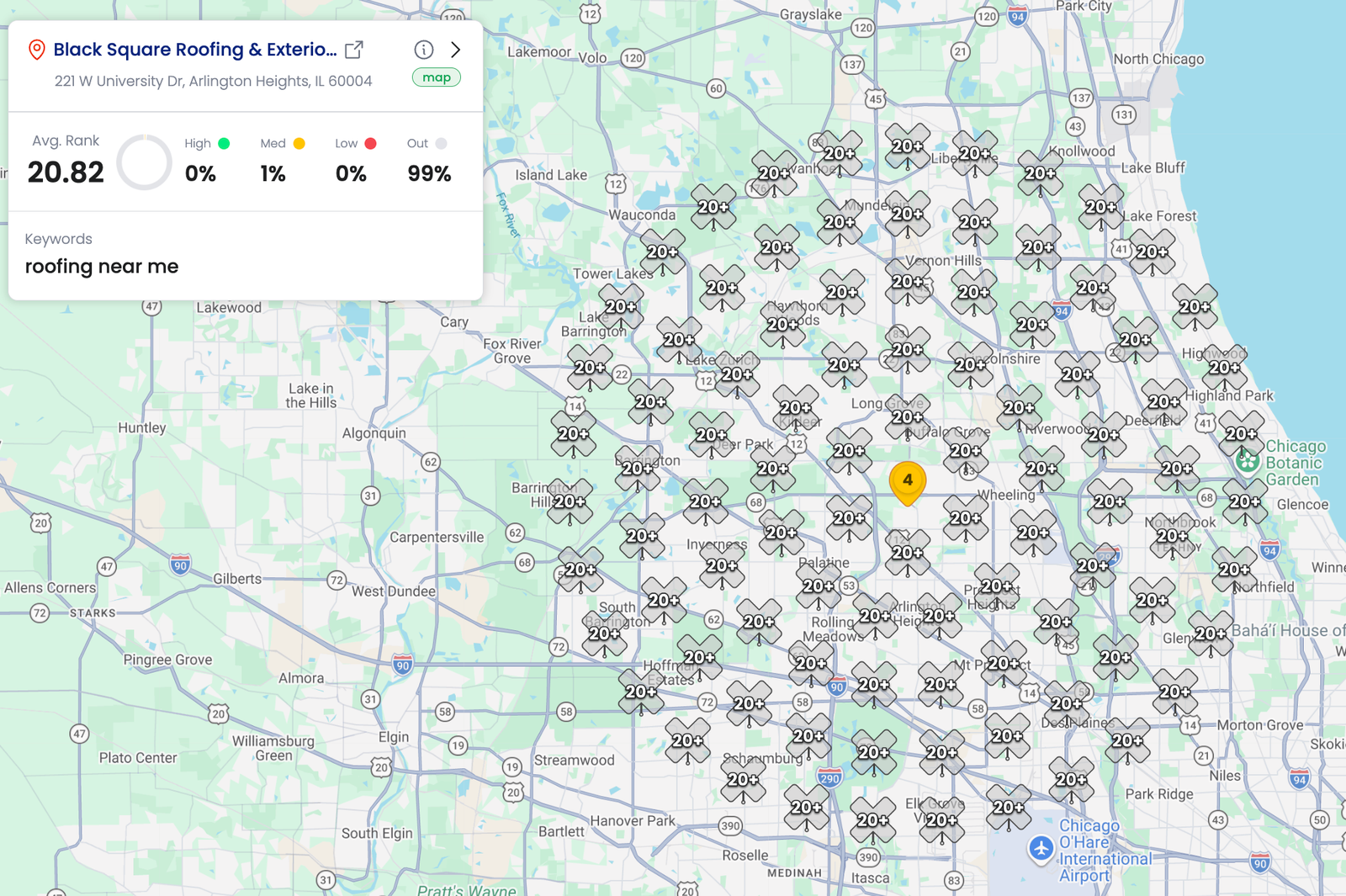 Local Dominator heatmap for Black Square Roofing - roofing near me - 99% out of map pack