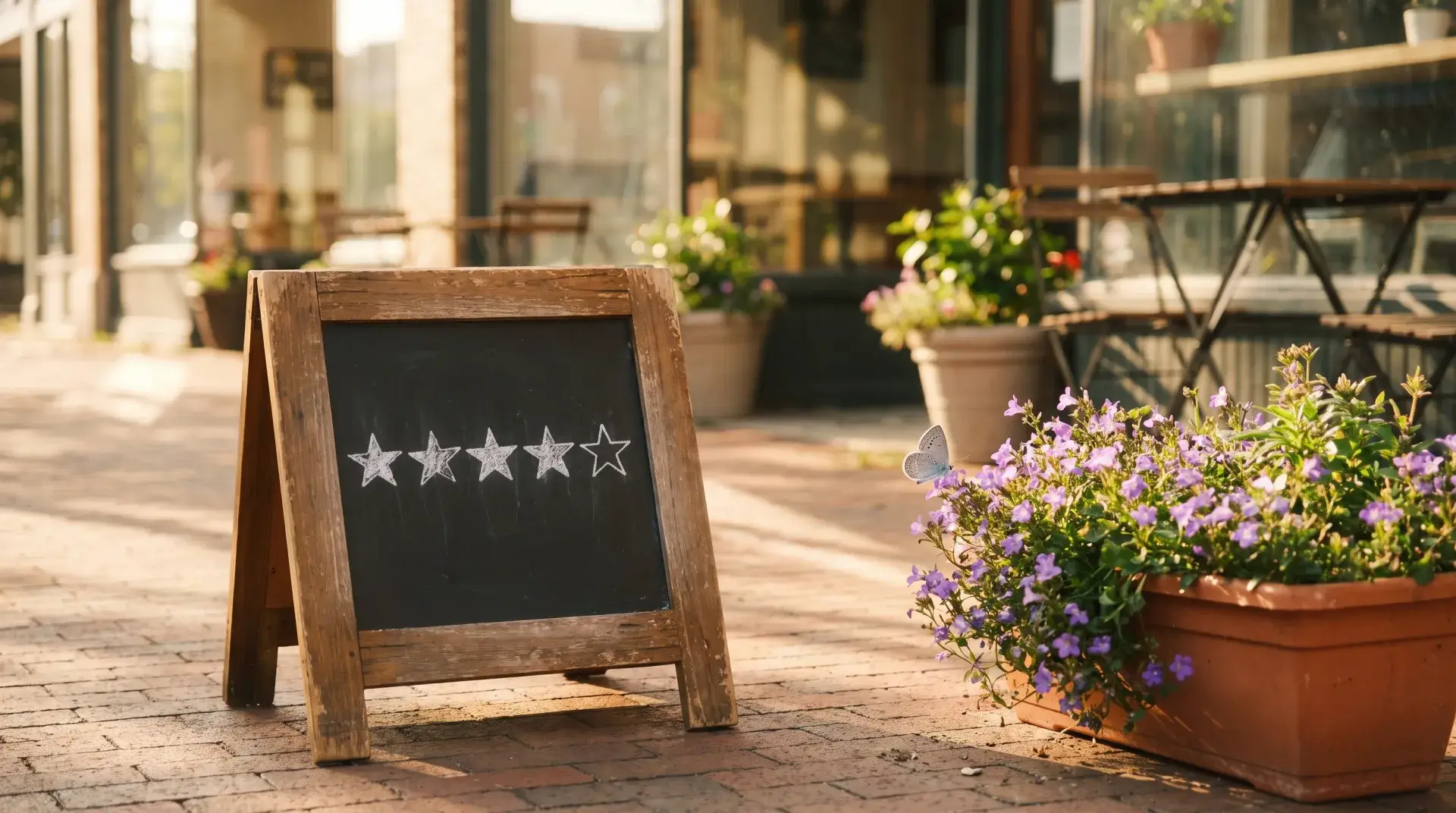 Chalkboard five-star rating sign outside a cafe with a small blue butterfly on potted flowers — Evolve, LLC