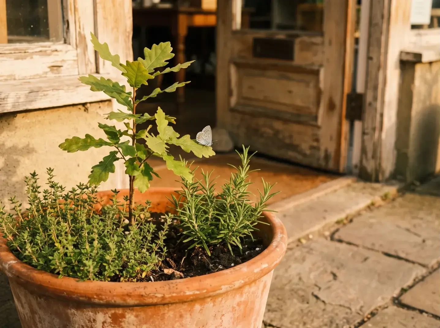 Young sapling and herb garden in a planter outside a shop, a small blue butterfly resting on a leaf — Evolve, LLC