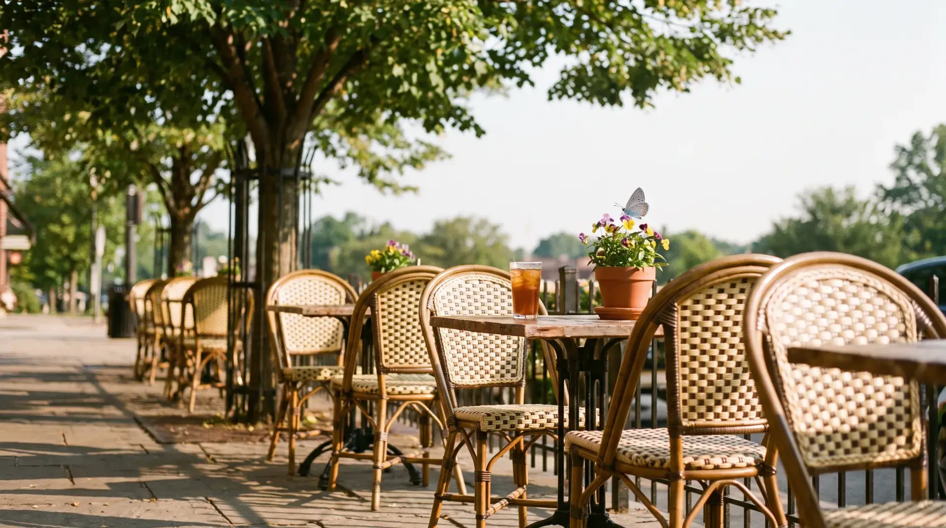 Sunny summer sidewalk cafe patio with a small blue butterfly on potted flowers — Evolve, LLC