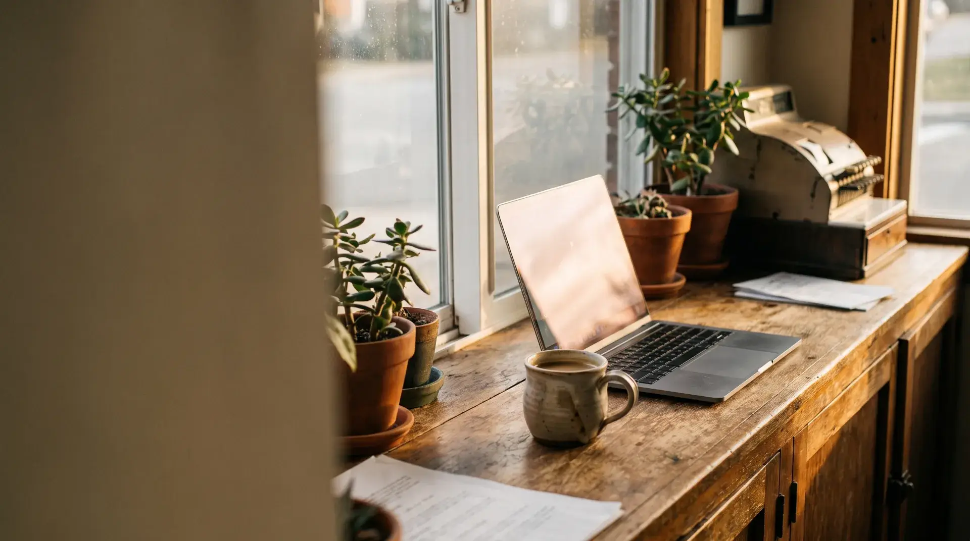 Open laptop and coffee at a shop counter, a warm reply-in-progress moment — Evolve, LLC