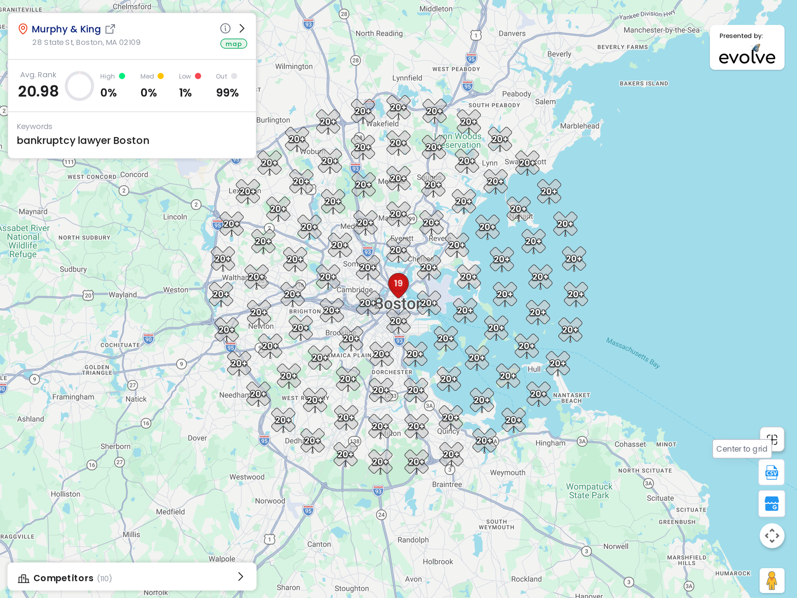 Google Maps grid heatmap showing local rank distribution across 95 pins for Murphy & King, P.C. — Bankruptcy search