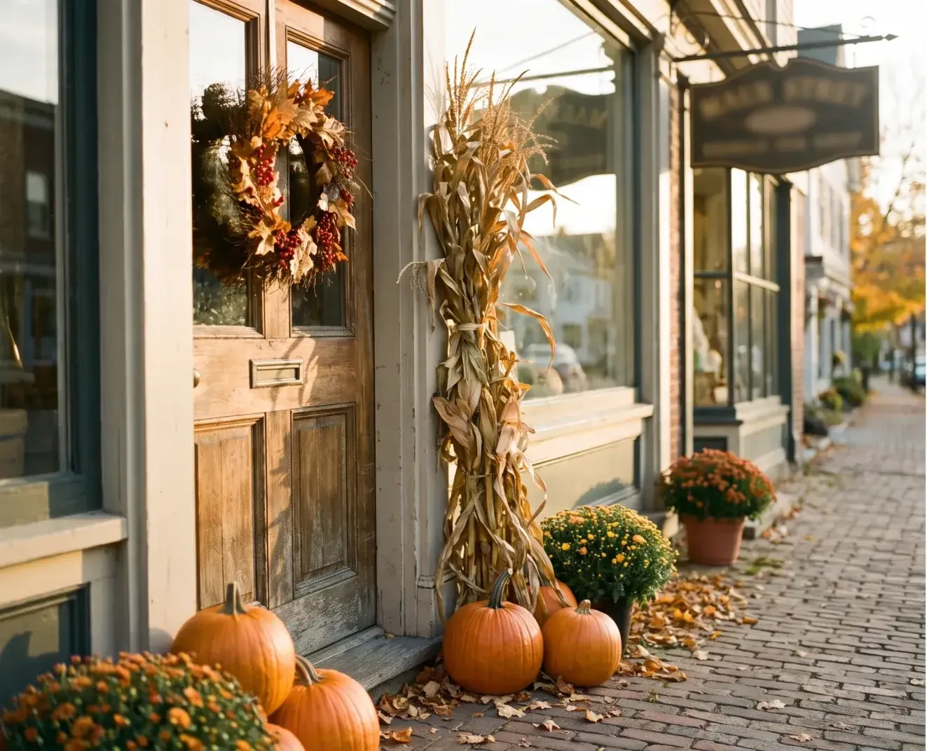 Main Street shop with early-autumn decor and pumpkins at the door — Evolve, LLC