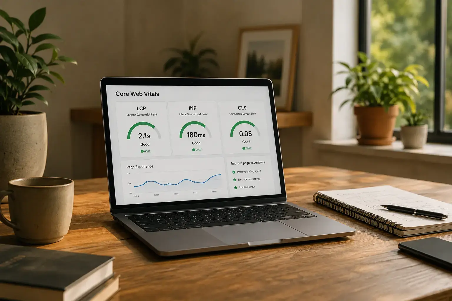 Laptop displaying Core Web Vitals performance metrics on a modern workspace, representing website speed, responsiveness, and visual stability.