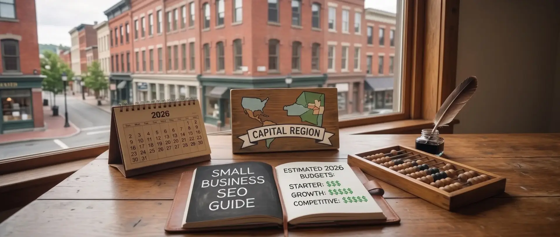 Desk with a 2026 calendar, Small Business SEO Guide, budget planner, and Capital Region sign overlooking a downtown street, representing SEO costs for small businesses in 2026.