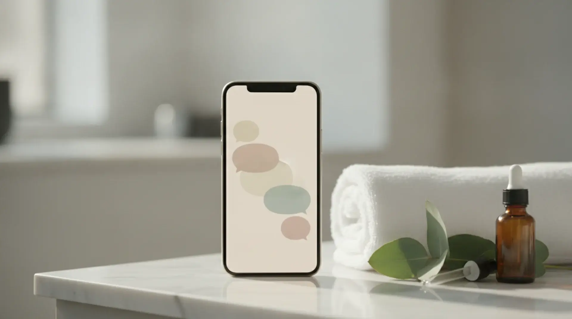 Smartphone on a marble spa counter showing soft chat message bubbles, next to a rolled white towel and eucalyptus