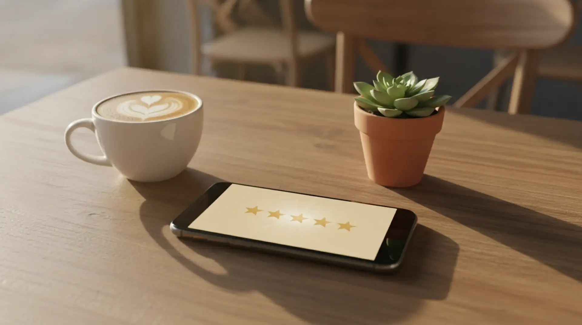 Smartphone on a sunny cafe table displaying five gold review stars beside a latte and a small succulent