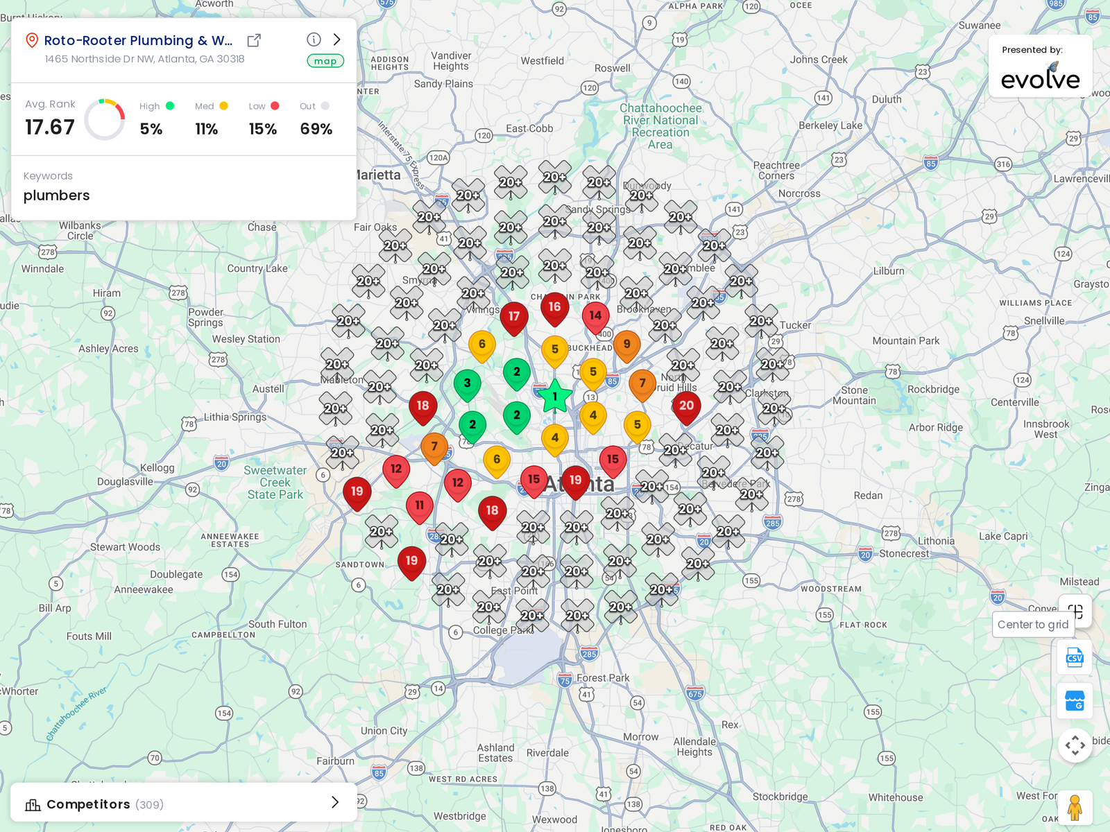 Ranking heatmap for Roto-Rooter Plumbing & Water Cleanup in Atlanta
